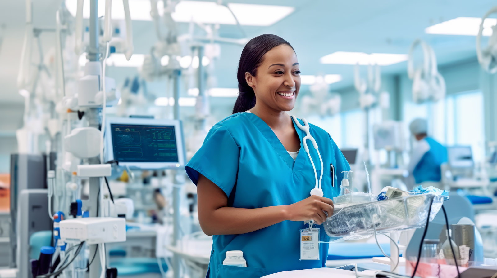 Female doctor or nurse working in the hospital emergency room. Smiling nurse distributing medical supplies on a tray in icu room in hospital.